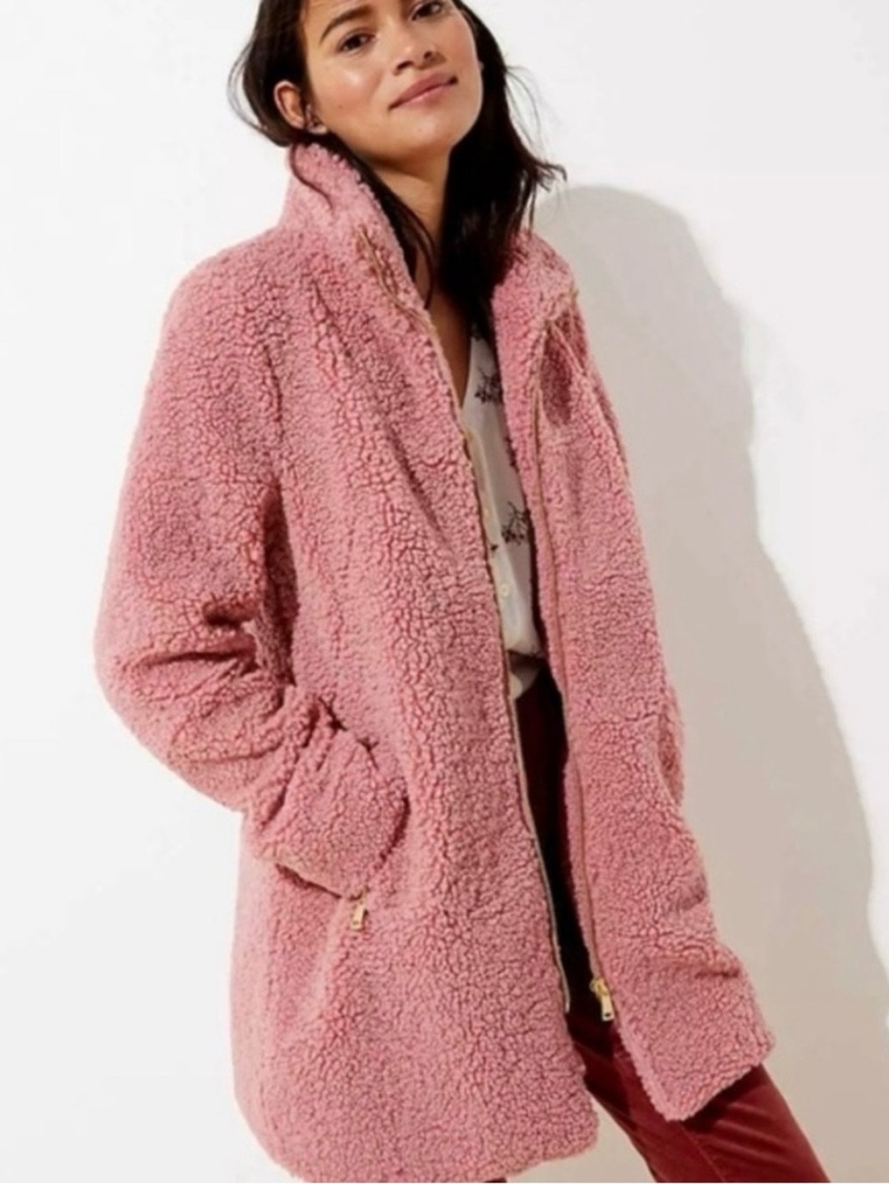 LOFT Pink Teddy Faux Sherpa Jacket - Plush Zip Coat